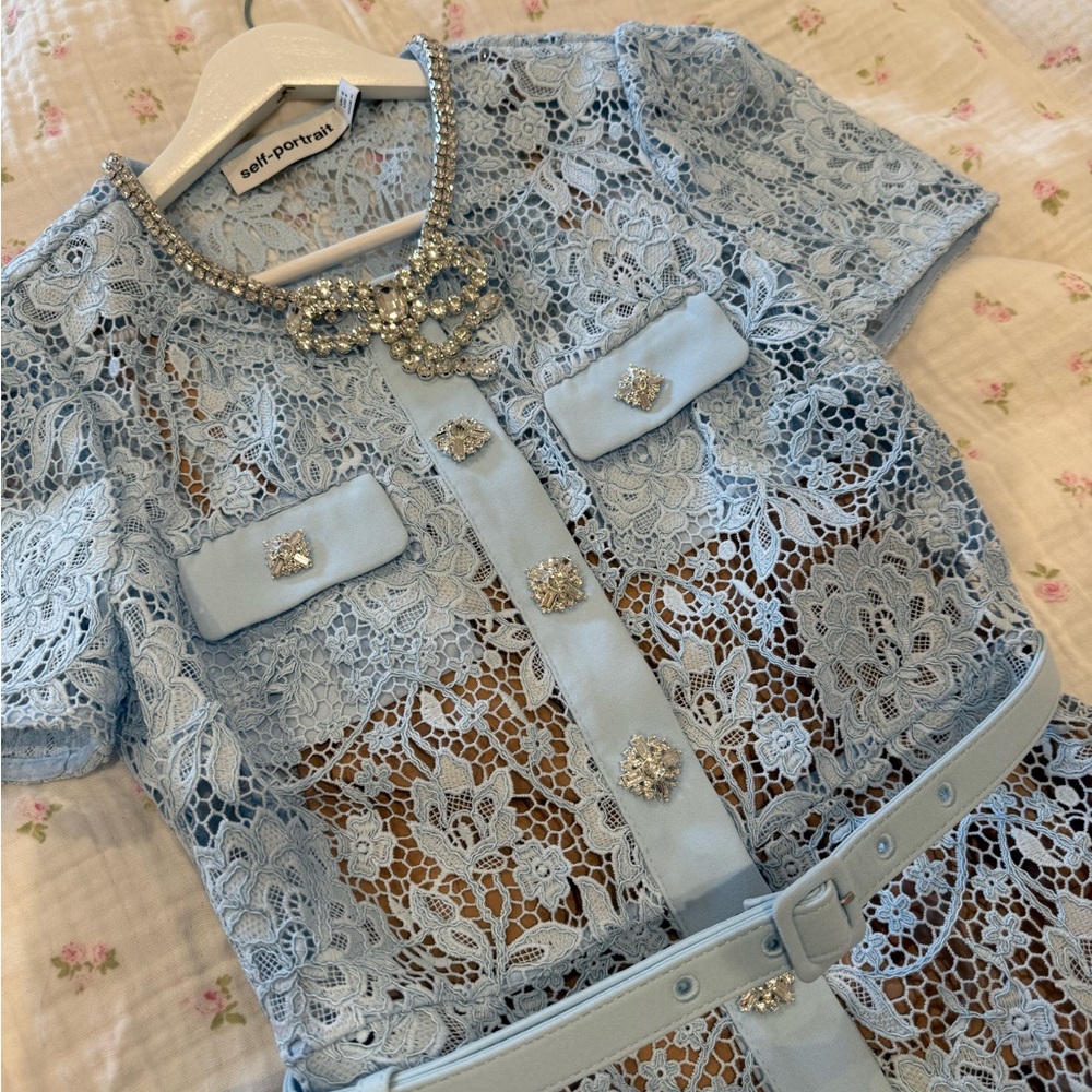 Self-Portrait Light Blue Lace Button-Front Mini Dress - Picture 3 of 5
